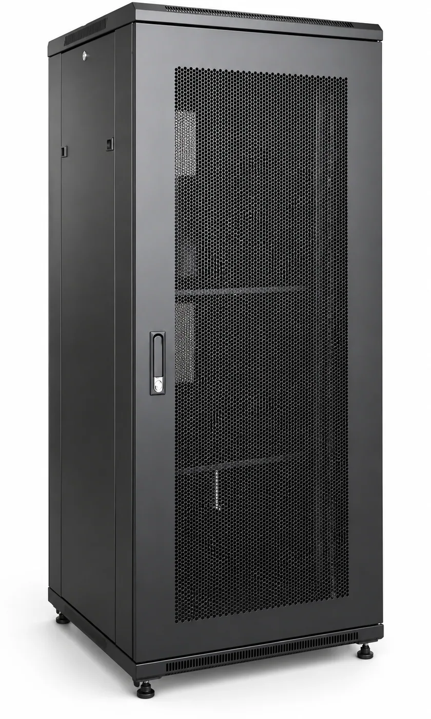 Baie de brassage 19″ 32 U — profondeur 800 mm, largeur 600 mm, porte perforée, noire