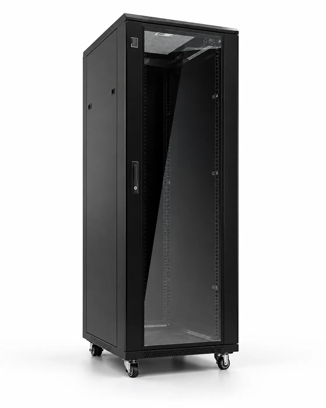 Baie de brassage 19″ 32 U — profondeur 600 mm, largeur 600 mm, porte vitrée, noire