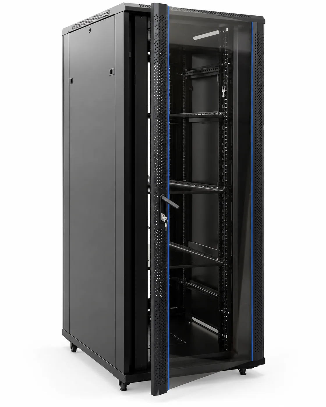 Baie de brassage 19″ 32 U — profondeur 600 mm, largeur 600 mm, porte perforée, noire