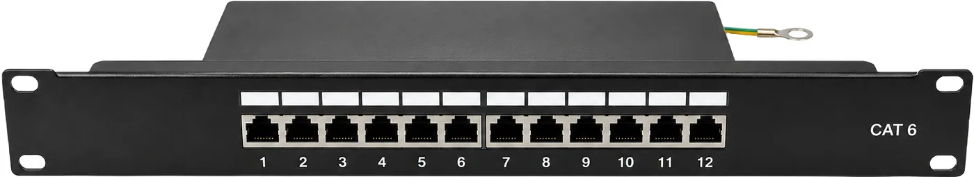 Panel de parcheo 12 puertos CAT6, 1 U, con conectores apantallados