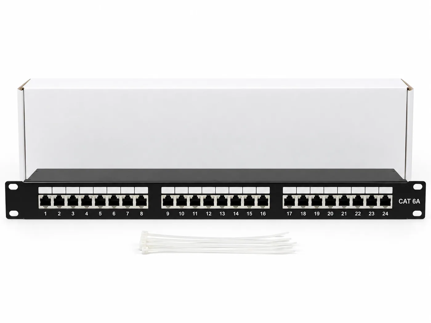 Panel de parcheo 24 puertos CAT6A, 1 U, con conectores apantallados