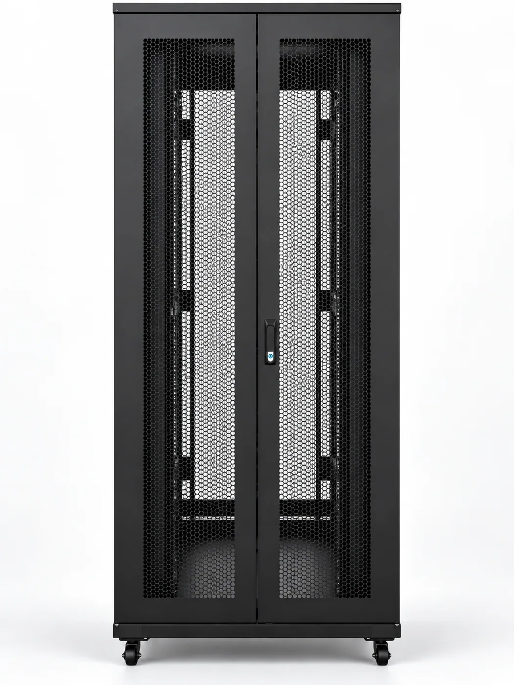 Baie de brassage 19″ 44 U — profondeur 1000 mm, largeur 750 mm, noire, 2 portes perforées avant + 2 portes perforées arrière
