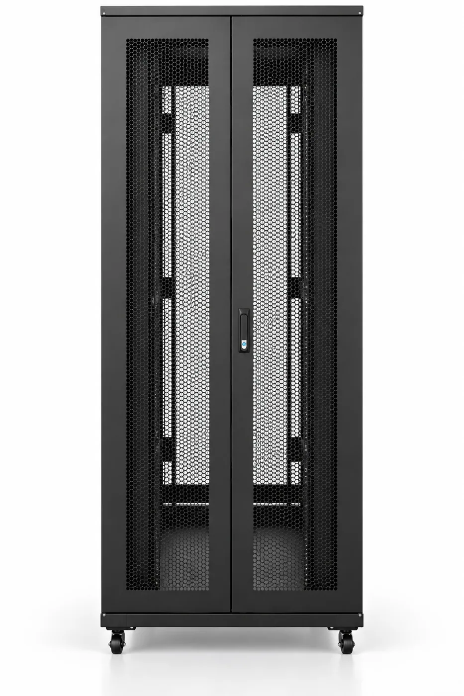 Baie de brassage 19″ 44 U — profondeur 800 mm, largeur 750 mm, noire, 2 portes perforées avant + 2 portes perforées arrière