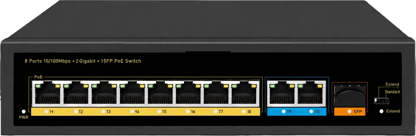 Switch 8 ports 10/100 PoE + uplink giga cuivre + 2 optiques, 120 W
