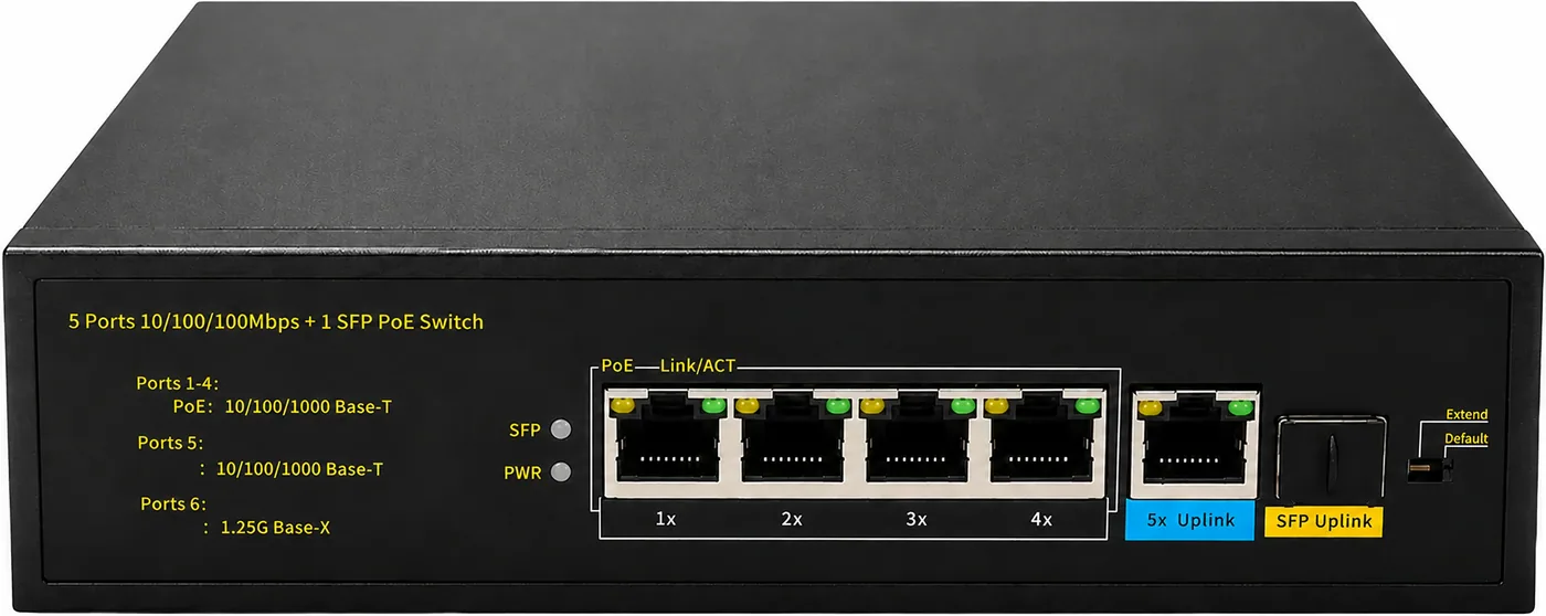 Switch 4 ports giga PoE + 1 uplink giga cuivre + 1 optique, 60 W