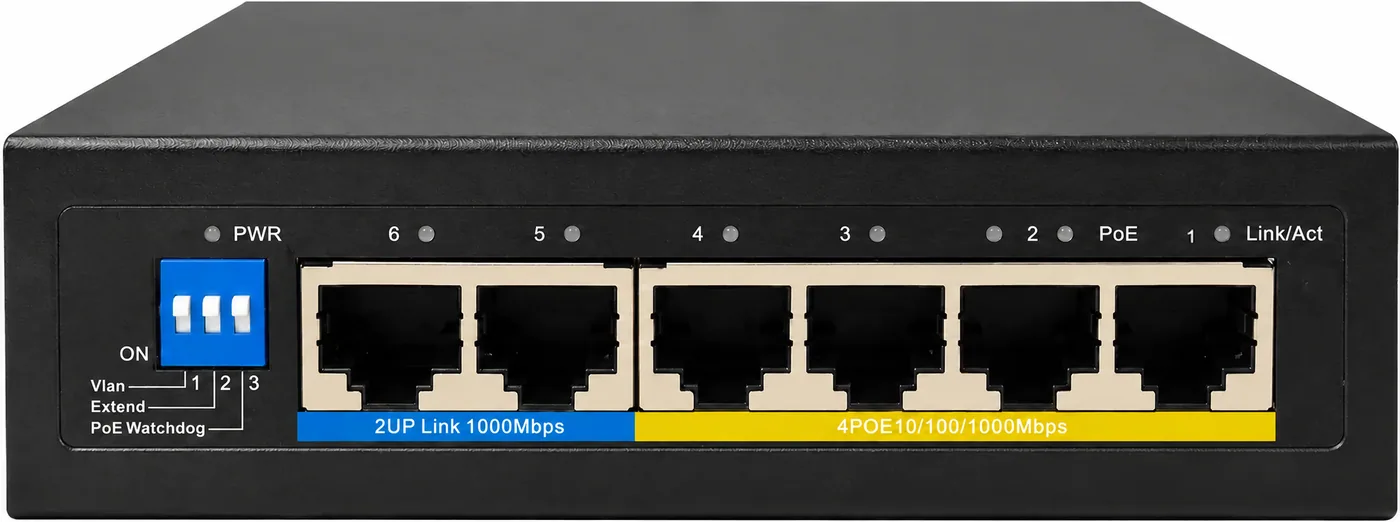 Switch 4 ports giga PoE + 2 uplinks giga cuivre, 60 W