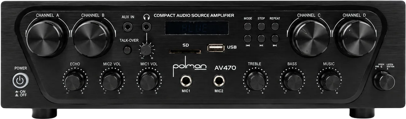 Amplifier 4 zones, up to 8 loudspeakers, W/4 ohms, Bluetooth, optical, USB