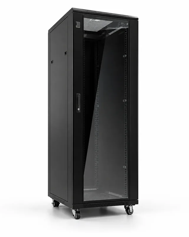 Baie de brassage 19″ 32 U — profondeur 600 mm, largeur 600 mm, porte vitrée, noire