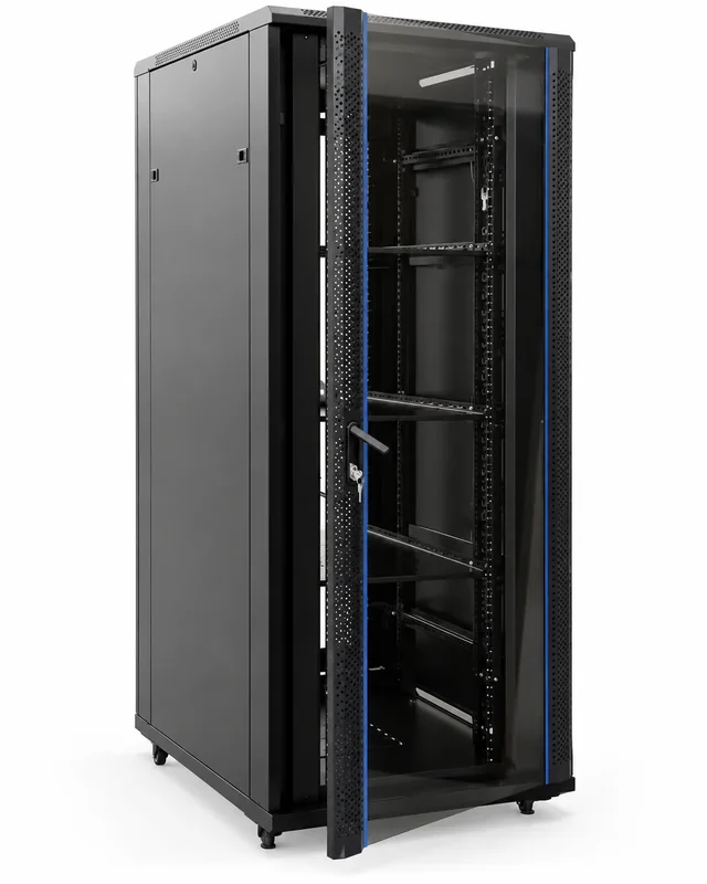 Baie de brassage 19″ 32 U — profondeur 600 mm, largeur 600 mm, porte perforée, noire