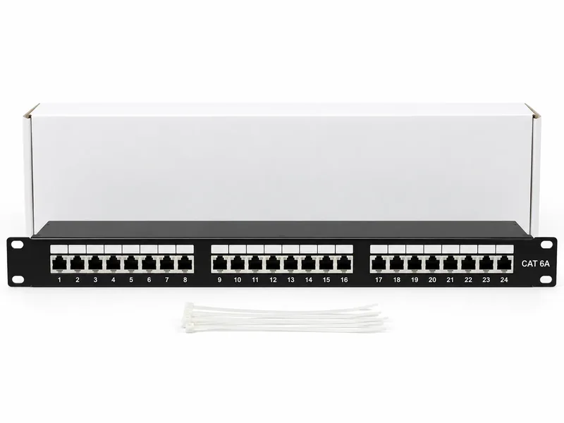 Panel de parcheo 24 puertos CAT6A, 1 U, con conectores apantallados