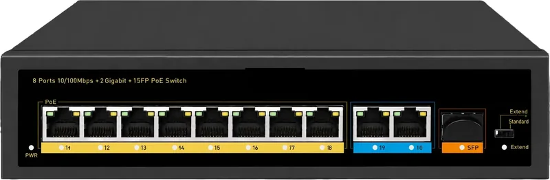 Switch 8 ports 10/100 PoE + uplink giga cuivre + 2 optiques, 120 W
