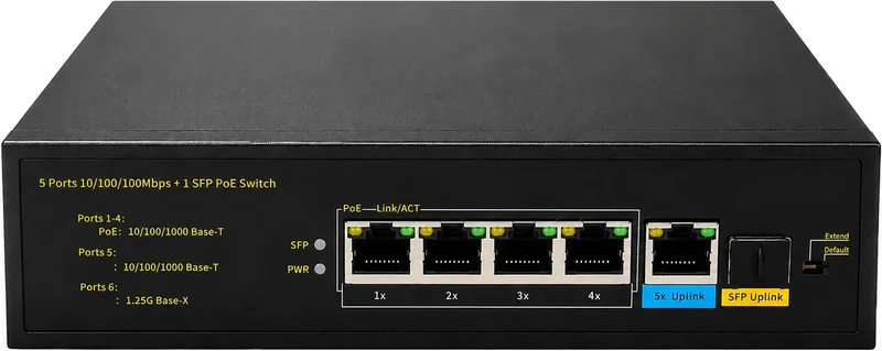 Switch 4 ports giga PoE + 1 uplink giga cuivre + 1 optique, 60 W