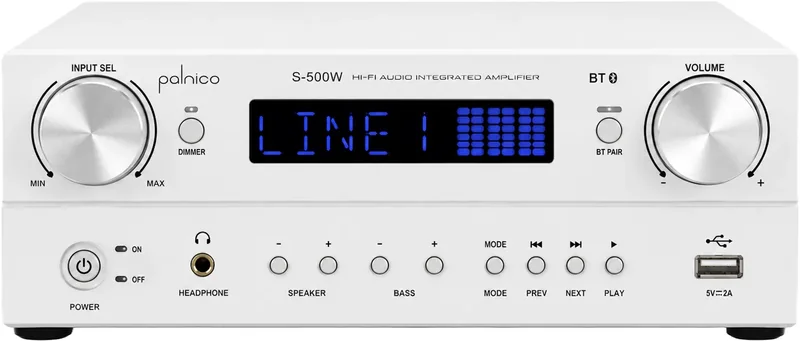 Sintoamplificador estéreo 2 canales 2×160 W / 4 ohmios, HDMI, Bluetooth, blanco
